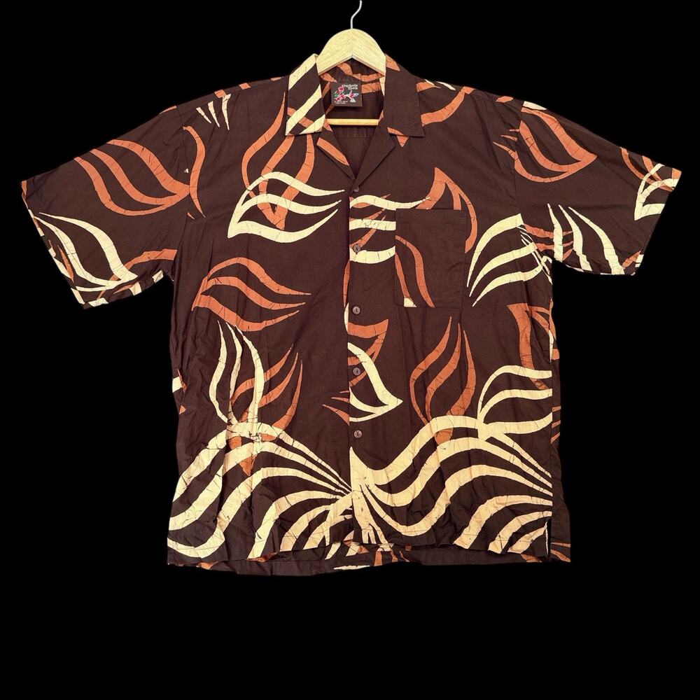 Vtg Caribele Batik Hawaiian Camp Shirt Mens L Brown Tropical St Kitts Nevis